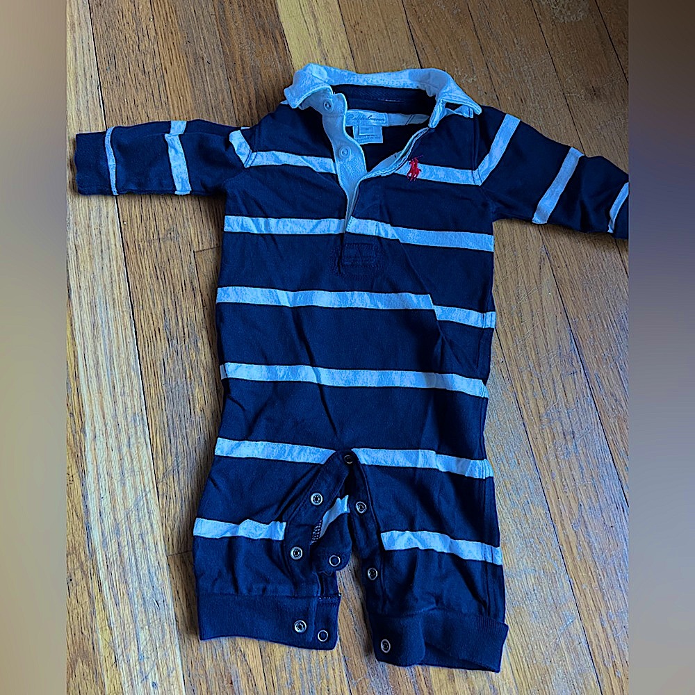 Ralph Lauren polo boys blue striped romper coveralls 3 months B1G1 50% off
